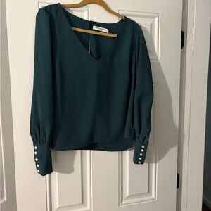 Amanda Uprichard Teal V-Neck Long Sleeve Blouse with Pearl Button Cuffs